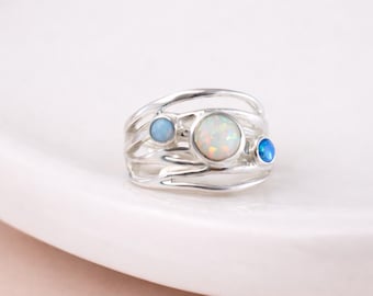 Molten Sterling Silver Blue and White Opal Trio Ring