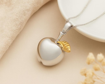 Apple Pendant • Sterling Silver with 18ct Gold Leaf • Symbolic Fruit Charm • Personalised • Teacher Gift • Abundance Necklace
