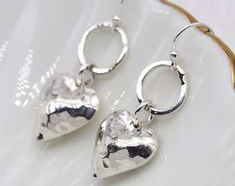 Sterling Silver Hammered Heart Drop Earrings