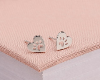10mm Sterling Silver Paw Print Heart Stud Earrings