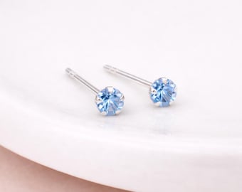 Sterling Silver March Aquamarine Birthstone Micro Stud Earrings – 4mm