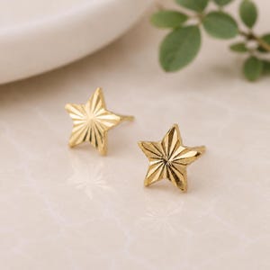 Peut inclure: Une paire de boucles d'oreilles à clous en forme d'étoile de couleur or. Chaque boucle d'oreille présente un motif texturé et facetté avec des lignes rayonnantes depuis le centre. Les boucles d'oreilles sont présentées sur une surface claire, avec des feuilles vertes en arrière-plan.