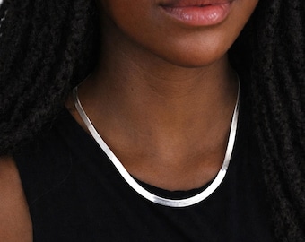 Sterling Silver Wide Flat Triple Herringbone Chain Necklace – 16in To 18in