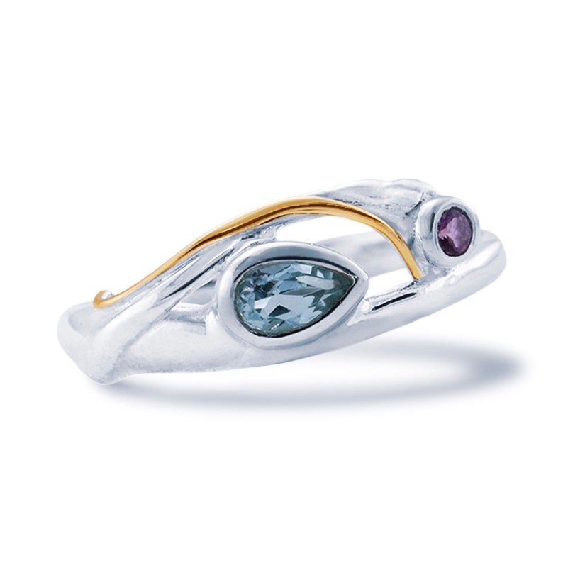 Personalized With Up To 40 Characters Organic Gemstone Ring * Sterling Silver Sky Blue Topaz and Purple Amethyst Ring for Women