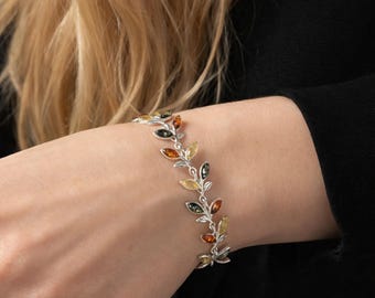 Sterling Silver Baltic Amber Leaf Bracelet