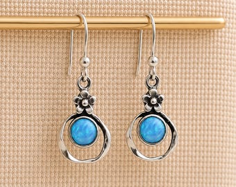 Molten Oxidised Sterling Silver Opal Flower Drop Earrings