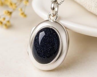 Personalised Sterling Silver Twinkling Blue Goldstone Locket