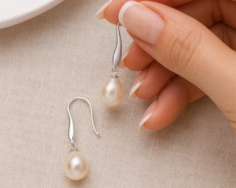 Sterling Silver White Freshwater Pearl Drop Earrings: Bridal Jewellery, 8mm