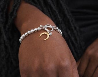 Silver And Gold Plated Sun And Moon Charm T Bar Bracelet