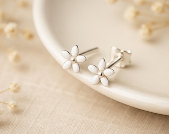 Girls Sterling Silver White Daisy Flower Stud Earrings