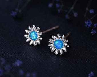 Sterling Silver Blue Opal Daisy Stud Earrings