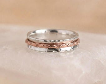 Personalised Organic Spinner Ring in Molten Sterling Silver and Copper