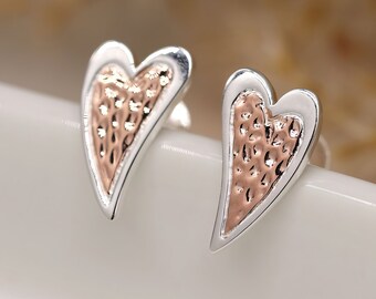 Sterling Silver Long Textured Heart Stud Earrings