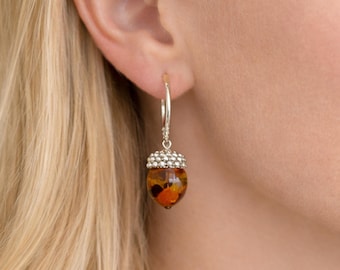 Large Sterling Silver Baltic Amber Acorn Drop Earrings