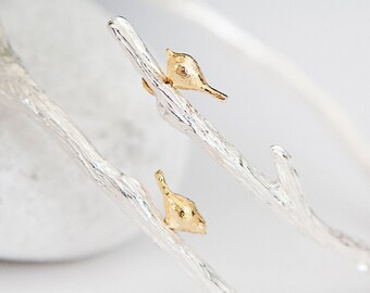 18ct Gold Plated Birds on Twig Branch Bangle with Personalised Watercolour Card