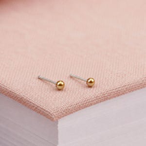 Pode incluir: Um par de pequenos brincos de pino com contas esféricas douradas polidas presas a hastes metálicas finas de tom prateado. Os brincos têm um design simples, exibindo uma superfície lisa e arredondada em cada conta que reflete a luz.