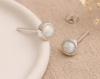 Sterling Silver White Opal Textured Stud Earrings