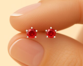 Micro Sterling Silver Ruby Stud Earrings
