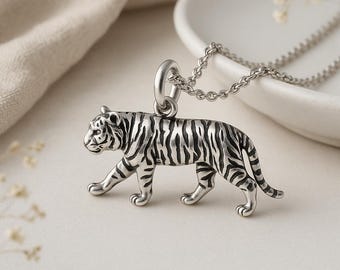 Tiger Pendant • Sterling Silver Walking Tiger Necklace • Personalised Animal Totem Charm • Symbol of Courage and Strength