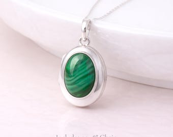 Personalised Sterling Silver Malachite Gemstone Photo Locket Necklace