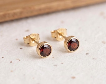 January Garnet Birthstone Stud Earrings In Gold Plated Sterling Silver