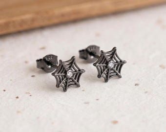 Personalised Spider Web Stud Earrings In Black Sterling Silver