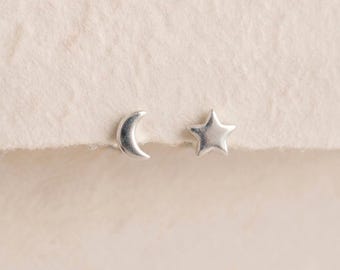 Personalised Mismatched Moon And Star Stud Earrings in Sterling Silver