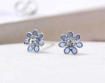 Tiny Sterling Silver Blue Flower Stud Earrings