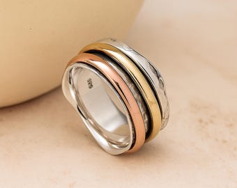 Personalised Sterling Silver Three Band Wave Spinner Ring