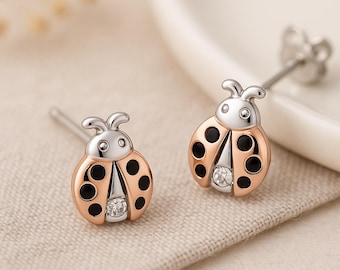 Girls Sterling Silver Diamond Ladybird Stud Earrings