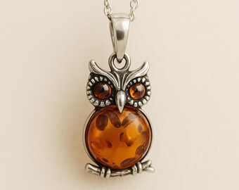 Personalised Sterling Silver Baltic Amber Owl Necklace
