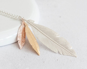 Mixed Feather Trio Necklace in Sterling Silver, Silver Feather, 18ct Gold Plated Feather,  18ct Rose Gold Plated Feather, Nature Inspired