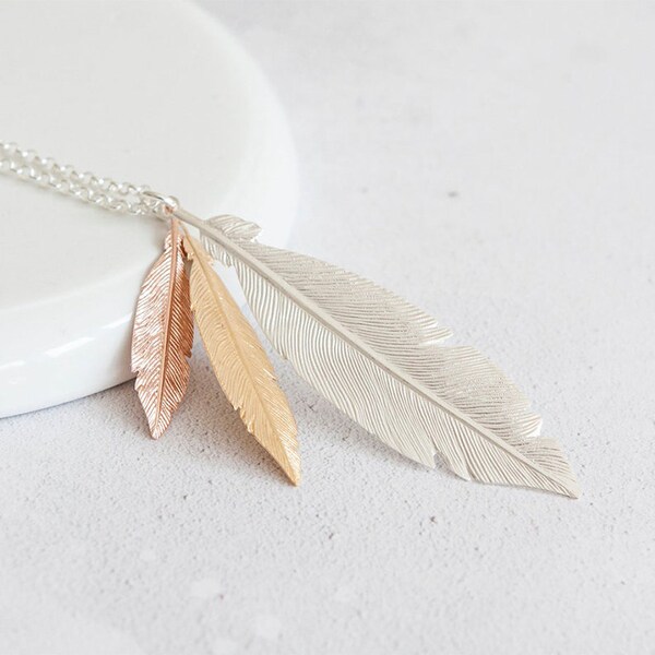 Mixed Feather Trio Necklace in Sterling Silver, Silver Feather, 18ct Gold Plated Feather,  18ct Rose Gold Plated Feather, Nature Inspired