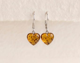 Baltic Amber Heart Drop Earrings in Sterling Silver