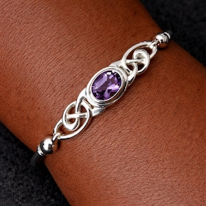 Sterling Silver Celtic Amethyst Hinged Bangle Bracelet