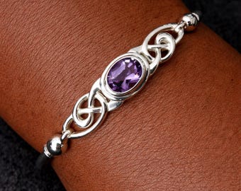 Sterling Silver Celtic Amethyst Hinged Bangle Bracelet
