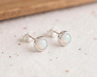 Tiny Round Opal Stud Earrings in Star Cut Sterling Silver
