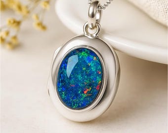 Personalised Sterling Silver Opal Triplet Gemstone Locket Necklace