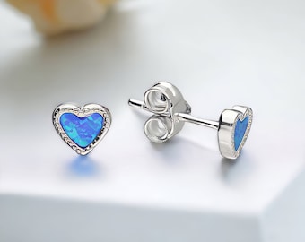 Tiny Sterling Silver Blue Opal Heart Stud Earrings