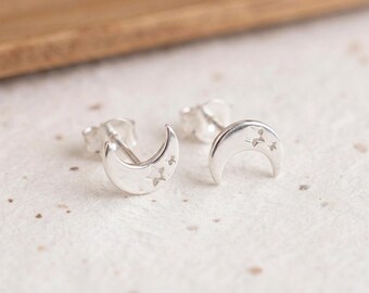 Personalised Moon And Star Cut Out Stud Earrings In Sterling Silver