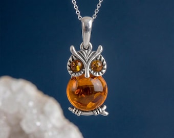 Personalised Baltic Amber Owl Pendant Necklace in Sterling Silver