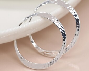 Large Silver Plated Hammered Hoop Earrings
