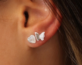 Butterfly Stud Earrings • Sterling Silver Textured Studs • Dainty Gift for Her • Nature Jewellery • Everyday Earrings •