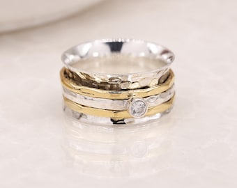 Personalised Sterling Silver And Brass Spinner Ring With Cubic Zirconia