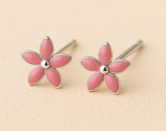 Mini Sterling Silver Pink Flower Stud Earrings