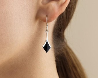 Sterling Silver Onyx Diamond Drop Earrings – 20mm X 9mm