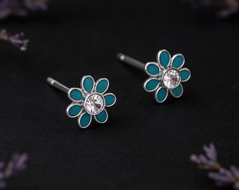 Tiny Sterling Silver Teal Forget Me Not Flower Stud Earrings
