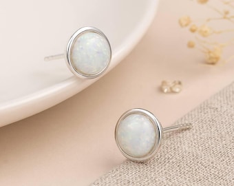 Opal Stud Earrings • Sterling Silver Round Studs • White Opal Jewellery • October Birthstone Gift • Minimalist Earrings • Gift for Her •