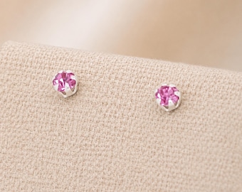 3mm Sterling Silver Tourmaline Pink Crystal Stud Earrings