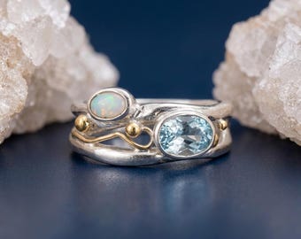 Blue Topaz and Opal Ring in Molten Sterling Silver and Gold